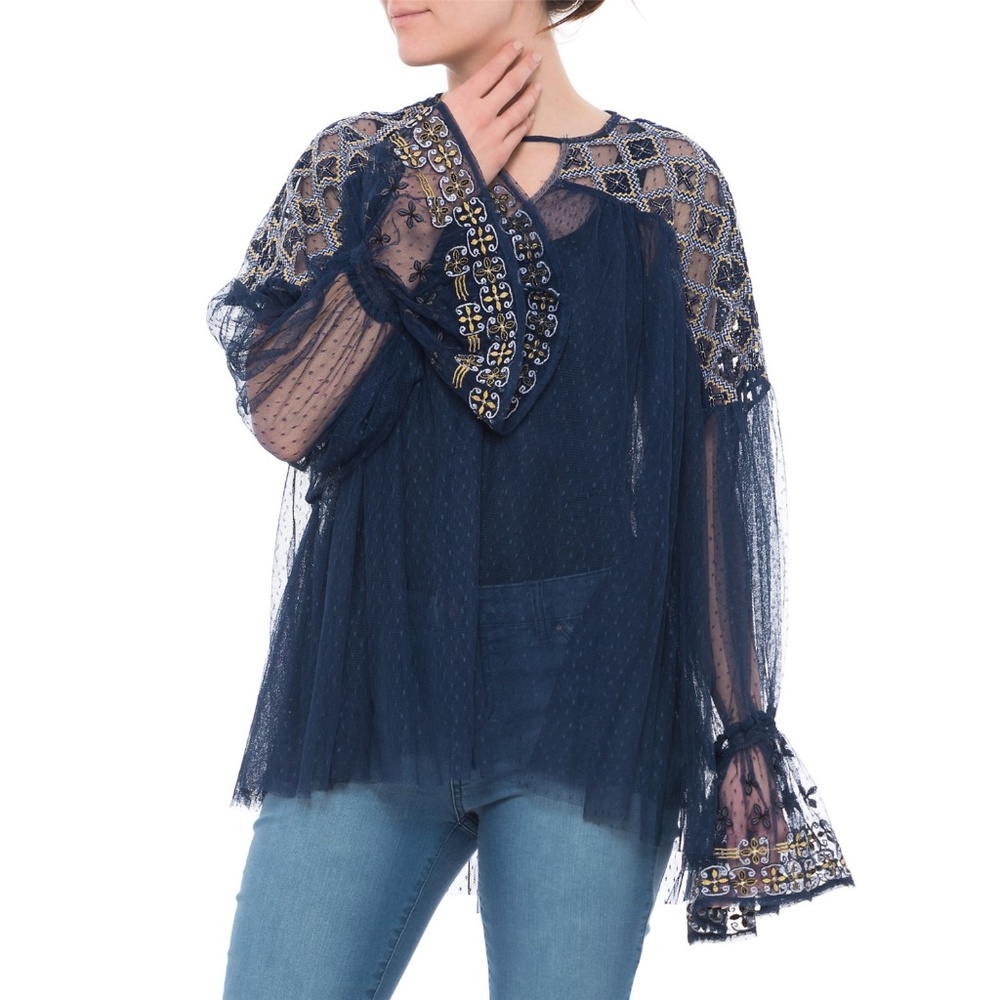 Free People NWT JOYRIDE Sheer Navy Flounce Cuffs Embroidered Top, Size Medium